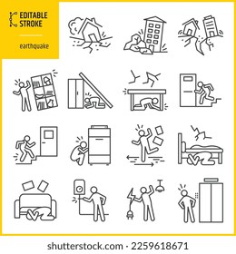 Editable stroke set of earthquake. Natural disaster, destruction, earthquake safety and emergency methods. Line thickness can be changed.