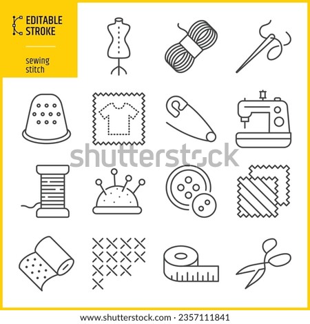 Editable stroke sewing icons. Stitch, embroidery, wool, thread, fabric, needle, scissors, reel, forked needle, button, sewing machine concept design. Line thickness can be changed.