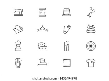 Editable stroke. Sewing thin line vector icon set. Tailoring professional items such as sewing machine, thread, needle, dummy, fabric and others