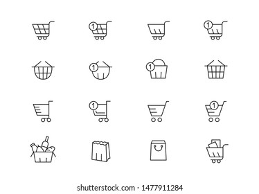 Editable stroke. Shopping basket thin line vector icon set