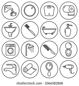 Editable stroke. Simple Set of bathroom vector flat line Icons - hands, mirror, weight, toilet paper, washbasin, toothbrush, bathtub, soap, washing machine, shower, crest, toilet, faucet, towel