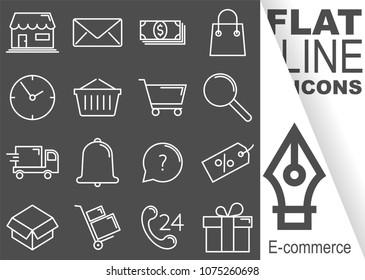 Editable stroke. Simple Set of Commerce vector flat line Icons - shop, envelope, money, shopping bag, clock, basket, magnifying glass, transportation, bell, question, discount, cart, promotion, gift