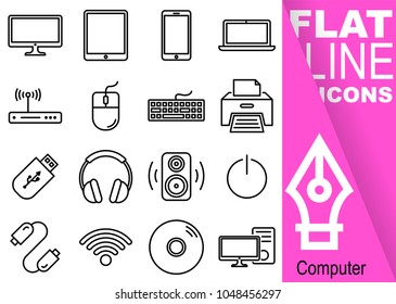 Editable stroke. Simple Set of computer vector flat line Icons  - monitor, tablet, smartphone, notebook, router, mouse, keyboard, printer, flash drive, headphone, speaker, cable, wifi, disc, computer
