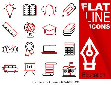 Editable stroke. Simple Set of education vector flat line Icons - bulb, workbook, bell, pencil, ruler, globe, hat, book, alarm clock, awards, notebok, calculator, bus, blackboard, certificate, school