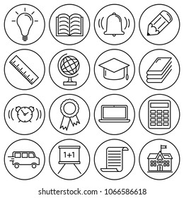 Editable stroke. Simple Set of education vector flat line Icons - bulb, workbook, bell, pencil, ruler, globe, hat, book, alarm clock, awards, notebok, calculator, bus, blackboard, certificate, school