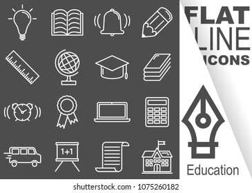 Editable stroke. Simple Set of education vector flat line Icons - bulb, workbook, bell, pencil, ruler, globe, hat, book, alarm clock, awards, notebok, calculator, bus, blackboard, certificate, school