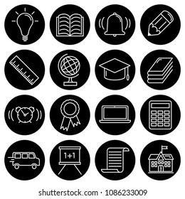 Editable stroke. Simple Set of education vector flat line Icons - bulb, workbook, bell, pencil, ruler, globe, hat, book, alarm clock, awards, notebok, calculator, bus, blackboard, certificate, school