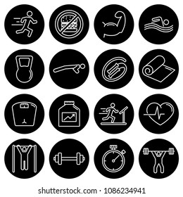 Editable stroke. Simple Set of fitness vector flat line Icons - run, muscles, swim, crank, rope, towel, weight, protein, cardio, stretches, glue, time, weight lifting