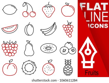 Editable stroke. Simple Set of fruits vector flat line Icons - lemon, cherry, strawberry, apple, melon, plum, banana, grape, raspberry, pear, kiwi, blueberry, peach, coconut, orange, pineapple