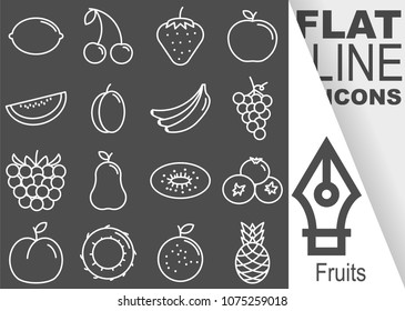 Editable stroke. Simple Set of fruits vector flat line Icons - lemon, cherry, strawberry, apple, melon, plum, banana, grape, raspberry, pear, kiwi, blueberry, peach, coconut, orange, pineapple
