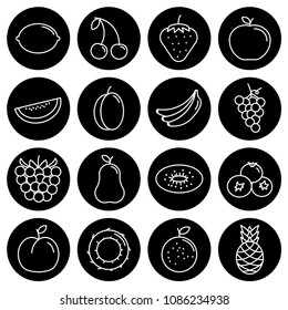 Editable stroke. Simple Set of fruits vector flat line Icons - lemon, cherry, strawberry, apple, melon, plum, banana, grape, raspberry, pear, kiwi, blueberry, peach, coconut, orange, pineapple