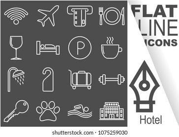 Editable stroke. Simple Set of hotel vector flat line Icons - wifi, airplane, card, meal, drink, room, parking, breakfast, shower, not enter, suitcase, gym, key, pet, swimming pool