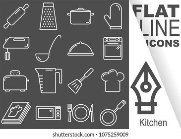 Editable stroke. Simple Set of kitchen vector flat line Icons - roller, grater, pot, snack, blender, ladle, oven, toaster, scoop, cook, chef, microwave, cutlery, pan