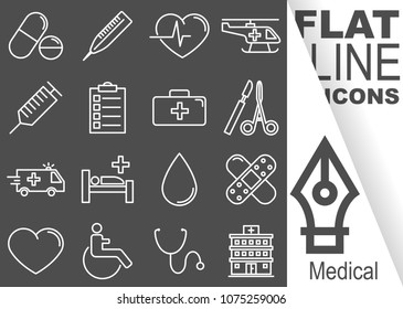 Editable stroke. Simple Set of medical vector flat line Icons - pill, thermometer, pulse, helicopter, injection, paper, suitcase, scalpel, ambulance, bed, blood, patch, heart, wheelchair, hospital