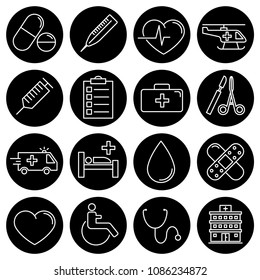 Editable stroke. Simple Set of medical vector flat line Icons - pill, thermometer, pulse, helicopter, injection, paper, suitcase, scalpel, ambulance, bed, blood, patch, heart, wheelchair, hospital
