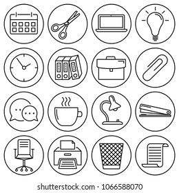 Editable stroke. Simple Set of Office vector flat line Icons - calendar, scissors, notebook, bulb, clock, folders, suitcase, buckle, communication, mug, lamp, stapler, chairs, printer, waste bin