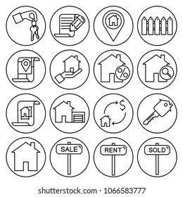 Editable stroke. Simple Set of real estate vector flat line Icons - key, contract, fence, map, discount, find, drawing, garage, sale, house, sale, rent, sold