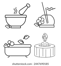 Editable stroke size. Icon in flat, contour, outline, thin and linear design. Spa treatments.Candles, oils and stones, water therapy. Beauty therapy and spa relaxation for wellness vector  Simple icon