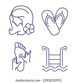 Editable stroke size. Icons in flat, contour, outline, thin and linear design. Spa treatments.Candles, oils and stones, water therapy. Beauty therapy and spa relaxation for wellness vector. SET.