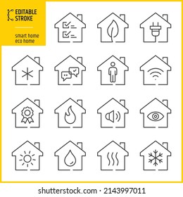 Editable stroke smart home and eco home icons. Line thickness can be changed.