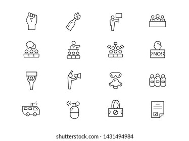 Editable Stroke. Social Protest Thin Line Vector Icon Set. People Crowd, Gathering, Politics, March And Other Symbols