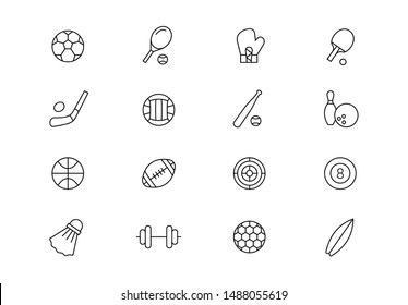 Editable stroke. Sport equipment thin line vector icons