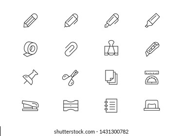 Editable Stroke. Stationery Items Thin Line Vector Icon Set. Office Supplies Such As Writing And Drawing Tools, Paper, Pin, Clip, Ruler And Other