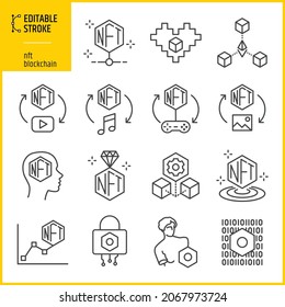 Editable stroke style nft and blockchain. Non-fungible token icons design.