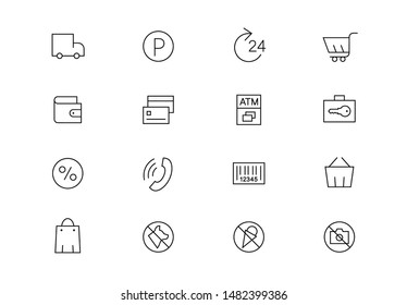 Editable stroke. Supermarket thin line vector icons