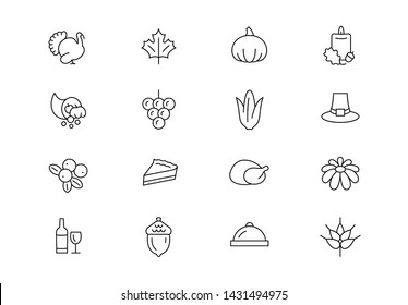 Editable stroke. Thanksgiving Day thin line vector icon set. Festive symbols such as turkey, pumpkin, harvest, fall, cake and other