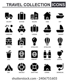 Editable stroke travel icon set. black style. contains delivery, van, suitcase, luggage, taxi, mountains, hotel, house, boat, train, snorkeling, lifebuoy ring, camping, passport. vector illustration.