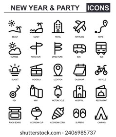 editable stroke travel icon set. outline. contains beach,sea,view,Coast,hotel,bicycle,healthy,sport,cycling,bus,key,restaurant. vector illustration.