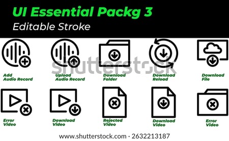 Editable Stroke UI Icons Audio, Video, Download and Upload Pack