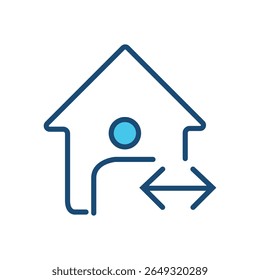 Editable stroke vector icon of a person inside a house with arrows indicating stay at home, quarantine, self-isolation, work from home, and social distancing. Perfect for medical, healthcare.