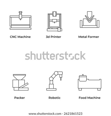 Editable stroke vector icon set of industrial machines including CNC, 3D printer, metal former, packer, robotic arm, and food machine. Ideal for automation, manufacturing, and factory design.