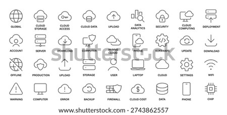 Editable stroke vector icons for cloud computing and information technology.