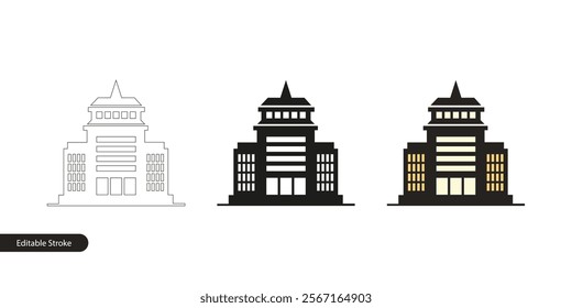 Editable Stroke Vector Illustration of a Modern Office Building in Three Styles