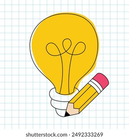 Editable Stroke Vector Illustration of Pencil Drawing a Light Bulb in Doodle Outline Style on Blue Grid Background