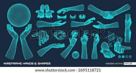 Editable stroke vector set of 3D wireframe hands, abstract geometric shapes, concepts. Digital touch, handshake design in futuristic cyber, Y2K techno style. For AI, vr, and graphic tech backgrounds.