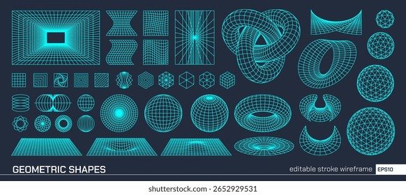 Editable stroke vector set of abstract geometric elements. Grid 3D shapes, wireframe mesh, sphere and cube. Futuristic design in cyberpunk, y2k, retro style. For graphic, logo, poster tech background