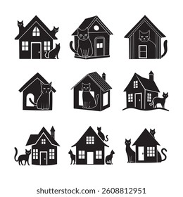 Editable stroke vector set of cat house icon