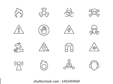 Editable Stroke. Warning Signs Thin Line Vector Icon Set. Chemical, Bio, Explosives And Other Hazard Symbols