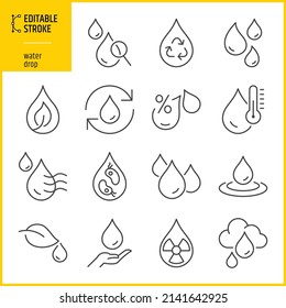 Editable stroke water drop icons. Simple water symbols. Water, water drop, raindrop, liquid, splash, irrigation concepts. Line thickness can be changed.