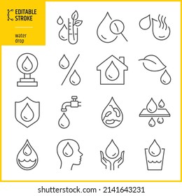 Editable stroke water drop icons. Simple water symbols. Water, water drop, raindrop, liquid, splash, irrigation concepts. Line thickness can be changed.