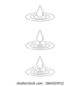 Editable stroke water drop and ripple set. Vector illustration outline flat design style.