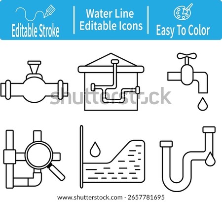Editable stroke water icons featuring pipes, plumbing systems, taps, leaks, and inspections. Perfect for water utility, supply, and construction visuals.