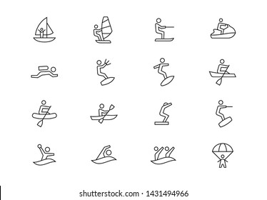 Editable Stroke. Water Sports Thin Line Vector Icon Set. Surfing, Kayaking, Canoeing, Parasailing, Sailing, Scuba Diving And Other Summer Beach Activities