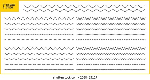 Editable stroke wave and zigzag line. Outline wavy or zigzags collection. Vector illustration.