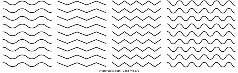 Editable stroke wave and zigzag line. Outline wavy or zigzags collection.