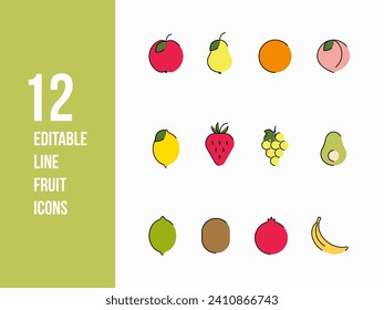 Editable stroke web thin line food icon set. Colorful 12 simple minimal fruit vector illustrations such as apple, pear, avocado and more.